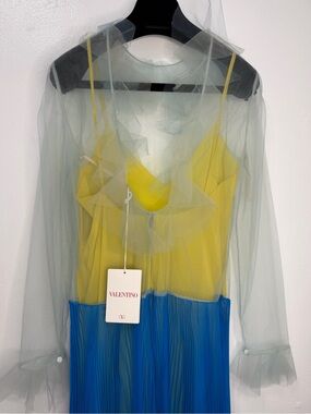 Valentino yellow bodice with blue pleated skirt and sheer pale green overlay